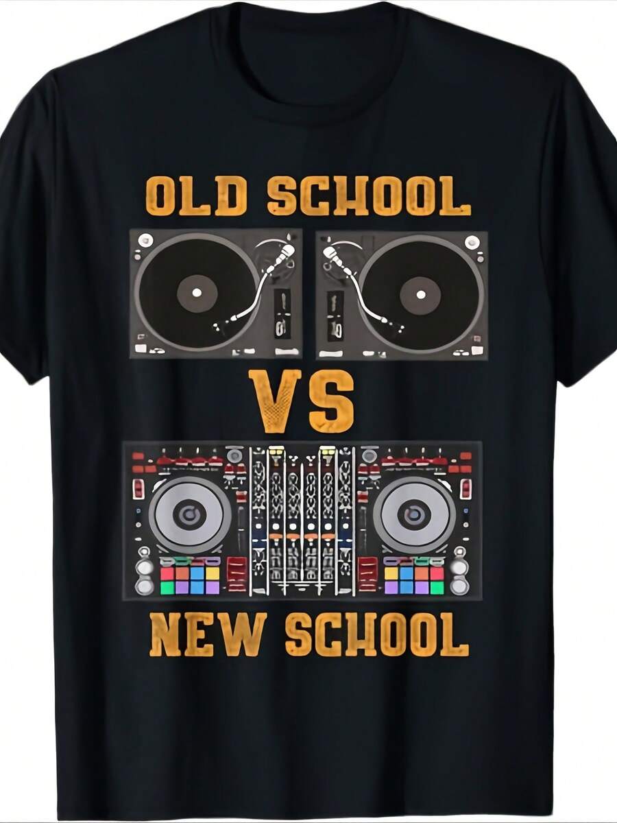 Short-Sleeved Crew Neck T-Shirt With A Graphic Design Of Music And A Digital DJ Controller In An Old School Vs. New School Style. With A Crisp, Streamlined Cut, This Garment Creates A Clean And Vibrant Look. Its Relaxed Yet Flattering Silhouette Suits All Body Types, Offering A Style That Is Both Casual And Sophisticated. - 黑色 - 查看 1