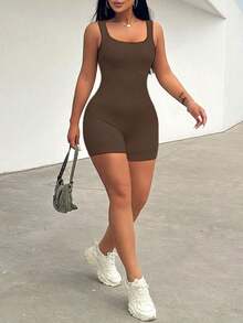 Mono elástico para mujer de moda simple y unicolor con ajuste ceñido - Marrón Mocha - Ver 6