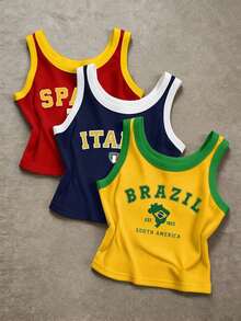 3 piezas Camiseta de mujer de cuello redondo con estampado gráfico de lemas de Brasil, Italia y España - Multicolor - Ver 1