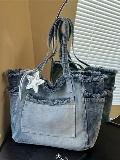 Minimalist Tote Bag, Denim Fabric Casual Handbag With Frayed Design, Versatile For Outdoor Activities