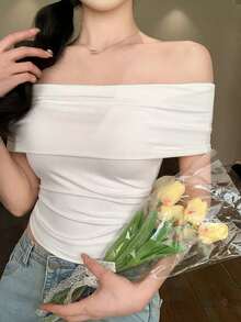 Blusa/Camiseta ajustada de hombros descubiertos con estampado de lunares para mujer - Blanco - Ver 8