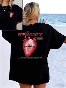 A Red Strawberry In The Shape Of A Heart Symbolizes Sweetness And Summer Energy, Conveying A Cheerful And Romantic Feeling For Those Who Love Unique Details. Women's T-Shirt With Double Print On The Front And Back. - 黑色 - 查看 8
