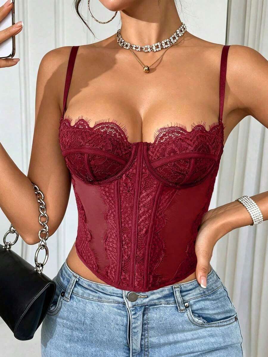 1 pieza Camiseta corta de encaje, adecuada para citas, fiestas y salidas casuales de verano - Burdeos - Ver 1