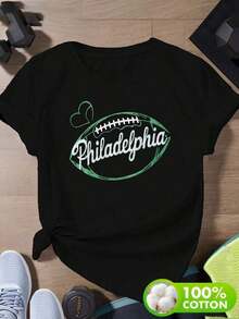 Plus Size Women's Clothing, Philadelphia Football Pattern T-Shirt For Ladies Plus Size - 100% Cotton Crew Neck Short Sleeve, Black And White Design, Four Seasons Sports Fan Casual Wear, Comfortable Fit, Casual Clothing | Sporty Design | Low Stretch Fabric - 黑色 - 查看 6