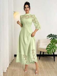 Vestido largo de manga larga con parches de bordado de ojal amarillo para mujeres - Verde - Ver 7