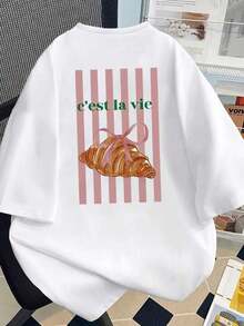 Camiseta Casual de Manga Corta para Mujer con Estampado de Croissants Brillantes y Rayas, Cuello Redondo, Top de Primavera/Verano, Ropa de Mujer, Ropa de Verano/Otoño, Ropa para el Día de San Valentín, Ropa de Mujer, Atuendo para Vacaciones - Blanco - Ver 10