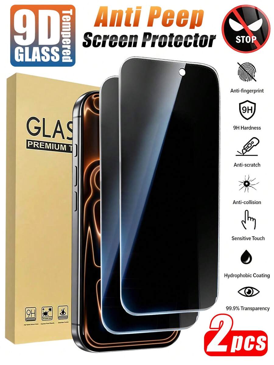 MIGAE 2pcs - 18 Pro/18 Pro Max/17 Pro Max/17 Air/16 Pro Max/16/16 Pro/16 Plus/14 Pro Max Privacy Screen Protector. Features Include Privacy Design, Tempered Glass Shatterproof, 9H+ Scratch And Wear Resistance, Sensitive Touch, And Compatible With Various Phone Cases. - Black - View 1