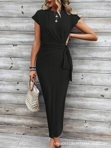 Women's Elegant Dress With Waist Tie, Striped Round Neck, Short Sleeves, Long Style, Summer High-End Women's Dressvestidos Elegantes De Mujer Summer Dresses For Women Birthday Outfits For Women - 桔紅色 - 查看 11