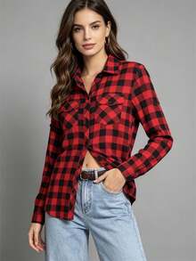 Women's Long-Sleeved Shirt, Beautiful Viscose Fabric. - 紅色和黑色 - 查看 1