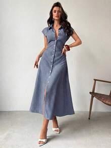 MEXFirerie Vestido midi de línea A con mangas abullonadas a rayas azules y blancas, vestido camisa con cintura anudada, vestido casual con cuello, falda midi a rayas con cintura ceñida, adecuado para primavera, verano, otoño, elegante, commuter, cita, trabajo, vuelta al colegio, día del maestro, ocasiones formales, vestido commuter de negocios, vestido minimalistaMEX KVPV - Azul marino - Ver 5