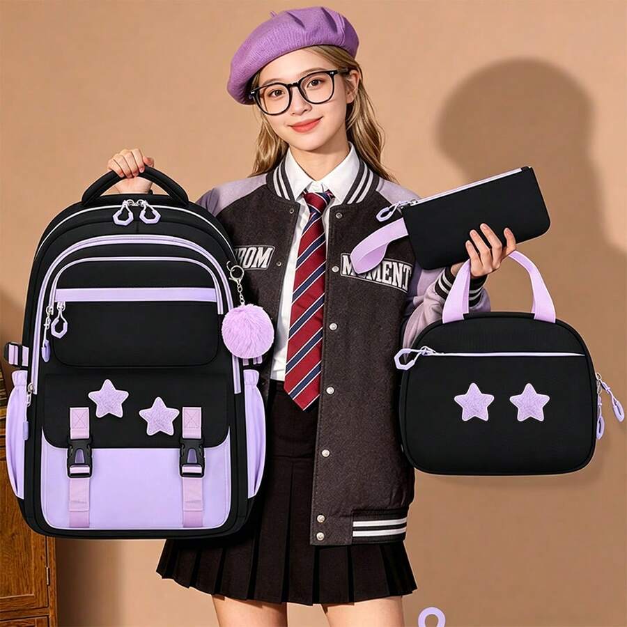 BXboat 3件組輕量青少年女孩背包,附手提包與鉛筆袋,大容量學生書包,返校開學背包,星星配件 - 3件套 - 查看 1