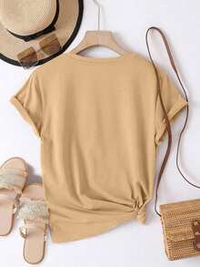 StreetGraphicCamiseta de mujer de cuello redondo con estampado de letras y flores de colores, de moda y versátil corte oversize relajado.Blusas gráficas para mujer en blanco y rosa, atuendos de vacaciones para mujeresSummer Top - Albaricoque - Ver 2