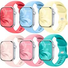 6pcs Soft Silicone Waterproof Sports Replacement Watch Bands For Apple Watch 41mm 40mm 38mm 45mm 44mm 46mm 42mm 49mm Women Men, Compatible With Watch Ultra SE Series 10 9 8 7 6 5 4 3 2 1 - Guava Red/Emerald Green/Creamy Yellow/Grey Pink/Powder Pink/Tea Teal - View 8