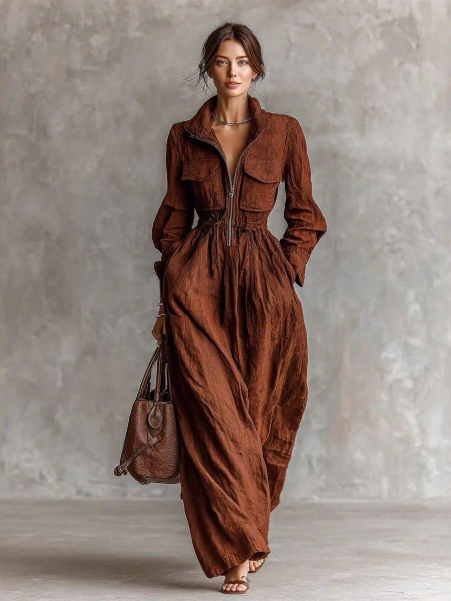 Solapa de cremallera de mujer, cintura elástica, vestido largo de vacaciones, estilo de vestir de mujer - Café - Ver 1
