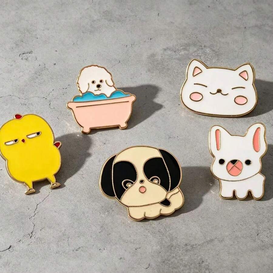 5Pcs Grumpy Cute Animal Enamel Pins, Sassy Chick/Bath Puppy/Cat/Dog Brooch Set, Kawaii Lapel Badges For Backpacks & Jackets,A Perfect Gift For Giving. - Multicolor - View 1