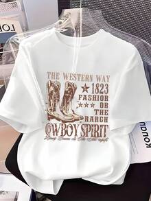 Camiseta de cuello redondo para mujer, estampado de botas de vaquero marrones, con texto "THE WESTERN WAY" y "COWBOY SPIRIT", estilo retro americano, top casual - Blanco - Ver 1