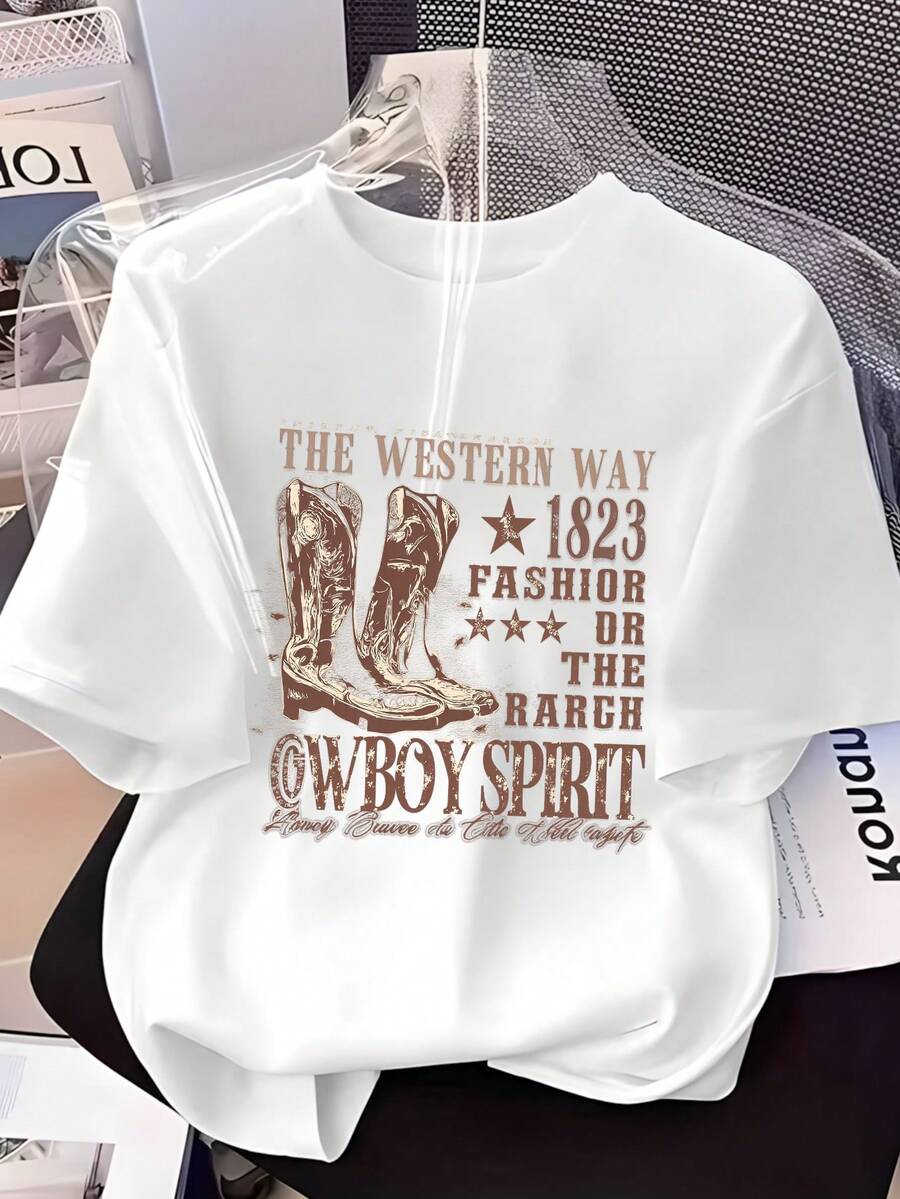 Camiseta de cuello redondo para mujer, estampado de botas de vaquero marrones, con texto "THE WESTERN WAY" y "COWBOY SPIRIT", estilo retro americano, top casual - Blanco - Ver 1