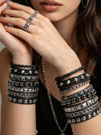 Set de 4 piezas de pulseras de remaches de estilo punk rock, pulseras de brazalete retro Y2K, pulseras de cuero de PU, accesorios de rock, atuendo de Halloween