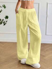 Pantalones de lino sueltos y de cintura baja de estilo bohemio y casual para mujer, pantalones anchos y relajados con cordón, suaves y cómodos, adecuados para uso casual diario y vacaciones, todo el año, primavera - Amarillo - Ver 3