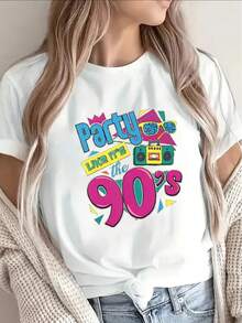Camiseta de manga corta de poliéster con diseño retro de los 90 para uso casual en casa, fiestas o restaurantes. Ligera y duradera, ajuste cómodo para adultos. - Blanco - Ver 6