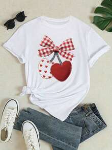 1 Piece Fashionable Casual T-Shirt For Men And Women, With Funny Heart Print For Valentine's Day. Versatile, Easy To Match, Suitable For Daily Wear, Street Style, Vacation Wear, Weekend Wear. - 白色 2 - 查看 3