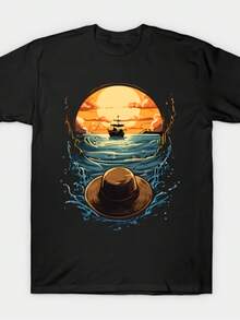One Piece T-Shirt  Loose Design Anime Print Pure Cotton Retro Round Neck Men's Short Sleeved T-Shirt 220G - 黑色 - 查看 1