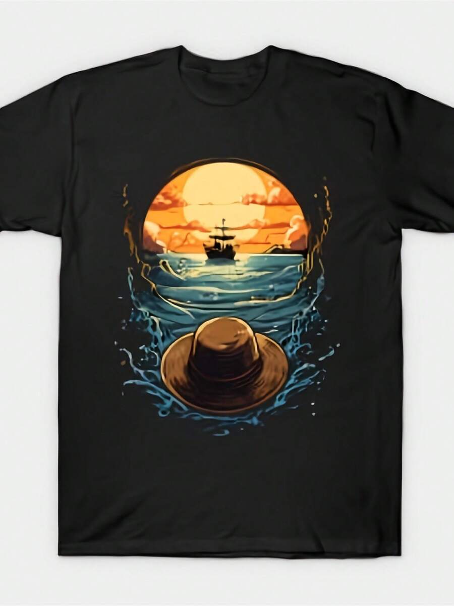 One Piece T-Shirt Loose Design Anime Print Pure Cotton Retro Round Neck Men's Short Sleeved T-Shirt 220G - 黑色 - 查看 1