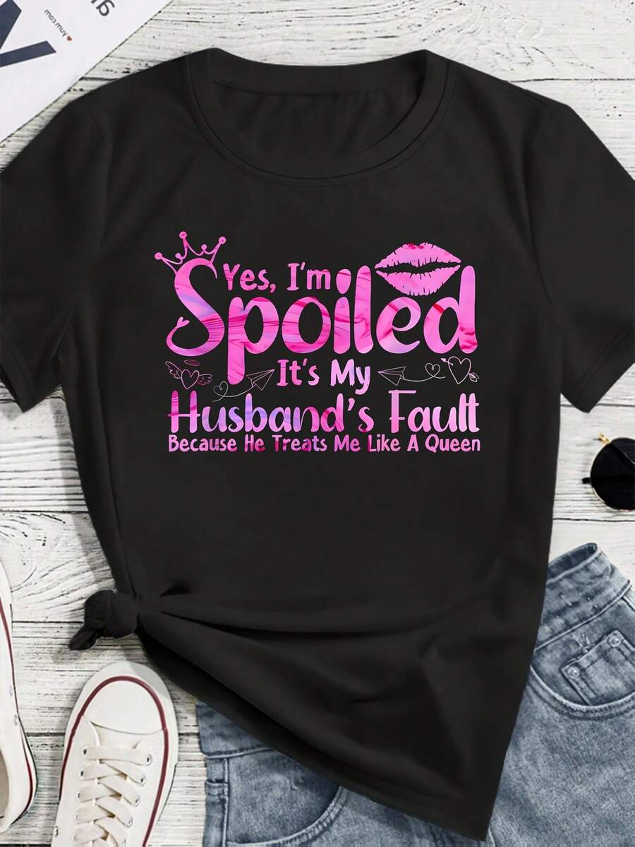 Yes, I'm Spoiled T-Shirt Round Neck 100% Cotton T-Shirt Short Sleeve Women Men Family T-Shirt Funny Gift T-Shirt Regular Fit Comfortable Stretch Fabric All-Season Wear Cotton T Shirts - 黑色 - 查看 1