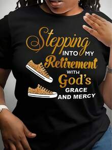 Women's Inspirational "Stepping Into My Retirement With God's Grace And Mercy" Black T-Shirt - Casual Crew Neck, Short Sleeve, Breathable Top With Golden Sneaker Graphic, All-Season Comfort Fit, Everyday Comfortable Top, Machine Washable, Regular Fit, Lightweight & Stylish, Everyday Tshirt | Inspirational Quote Tee | Breathable Fabric, Ladies T-Shirts - 黑色 - 查看 1