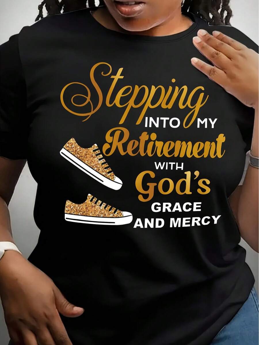 Women's Inspirational "Stepping Into My Retirement With God's Grace And Mercy" Black T-Shirt - Casual Crew Neck, Short Sleeve, Breathable Top With Golden Sneaker Graphic, All-Season Comfort Fit, Everyday Comfortable Top, Machine Washable, Regular Fit, Lightweight & Stylish, Everyday Tshirt | Inspirational Quote Tee | Breathable Fabric, Ladies T-Shirts - 黑色 - 查看 1