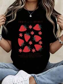 Camiseta FashionNEWFruit Of The Spirit Blanca Casual de Manga Corta con Estampado de Fresas y Flores y Texto Inspirador - Estilo Urbano Vintage Unisex de Algodón Suelto con Cuello Redondo - Negro - Ver 1
