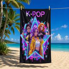 1 pieza Toalla de playa con estampado de grupo de chicas K-POP multicolor, material de microfibra, secado rápido, suave y absorbente, adecuada para baño, playa, piscina, gimnasio, toalla de baño versátil de uso múltiple - Negro - Ver 13