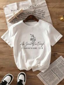 Camiseta con estampado de letras, cuello redondo de manga corta, parte superior casual para vacaciones de primavera/verano en colorPure-Cotton - Blanco - Ver 5