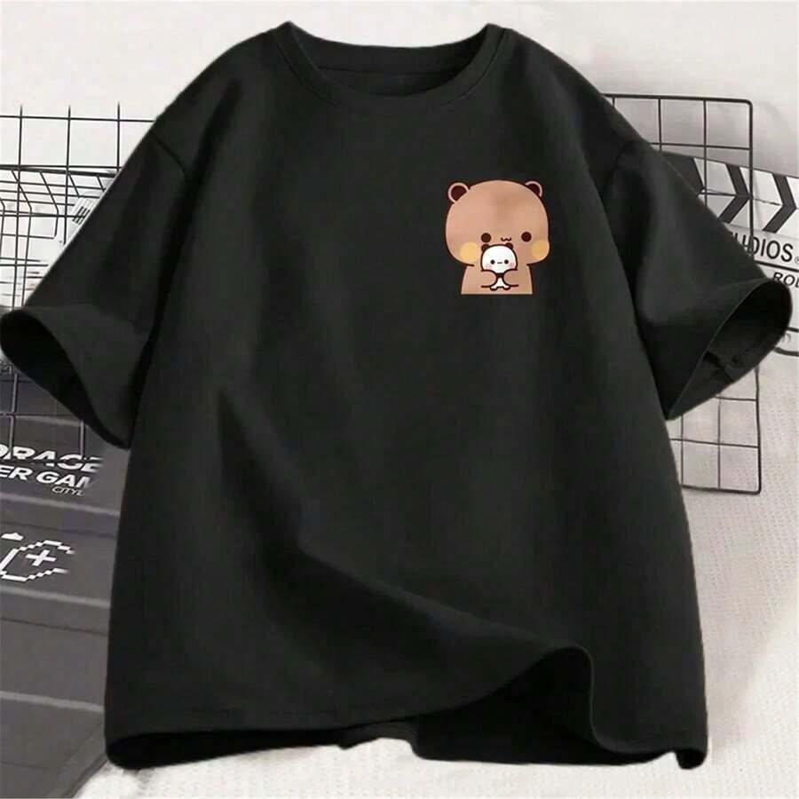 Camiseta de manga corta de punto negro para mujer con estampado de osito y corte casual.short-sleeve T-shirt / short-sleeve tee - Negro - Ver 1