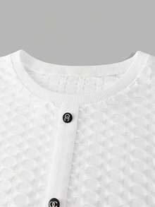 Blusa casual minimalista de mujer de unicolor con botones frontales, mangas largas y contraste de malla - Blanco - Ver 4