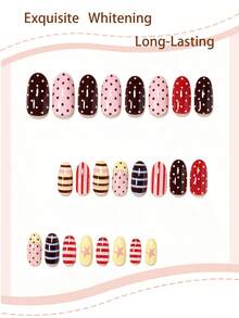24pcs Oval Nail Stickers With Romantic Vibe, Y2K Star Stripe Polka Dot French Style Full Coverage Fake Nails, Suitable For Women And Girls, Summer Party Office Daily Wear, Includes 1 Adhesive Sheet And 1 Mini Nail File, Random Shipment - Multicolor - View 2