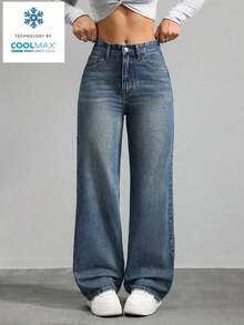 Jeans de mezclilla de unicolor minimalista para uso diario de mujer - Azul - Ver 1