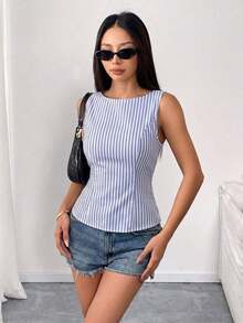 Camisa ajustada sin mangas de unicolor con lazo en la espalda, sexy y elegante para uso casual, adecuada para citas, vacaciones, oficina/negocios, primavera/verano - Azul y blanco - Ver 6
