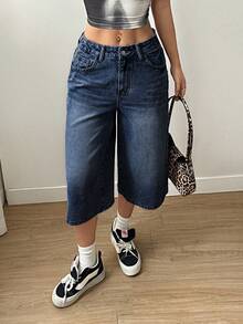 Plus Size Women Navy Washed High Waist Wide Leg Denim Capri Shorts, Elastic Waist Single Button Loose Casual Summer Jeans Shorts - Dark Wash - View 3