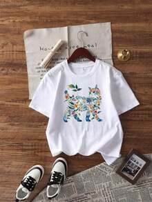 180g Made In Mexico, Spring/Summer 2026 Fashion Short Sleeve T-Shirt, Cartoon Print, Couple Style, Underwear/Outerwear, Casual Round Neck For Office, Unisex One Piece Top - 白色的 - 查看 2