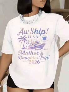 Aw Ship Women's T-Shirt, It's A Mother And Daughter Trip 2026 Cruise Ship Palm Tree Sun Graphic Short Sleeve Crew Neck Casual Summer Holiday T-Shirt 220g - 白色的 - 查看 5