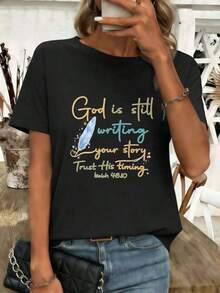 Women's Christian Faith Graphic T-Shirt, Made Of Premium Cotton, Loose Fit, Casual Style, Breathable, New Arrival. Beautiful 100% Cotton Blouses - 黑色 - 查看 6