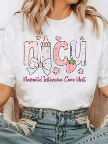 1 Piece Women's NICU Nursing Week T-Shirt - Footprint And Heart Print, Soft, Breathable, Lightweight, Unisex Comfortable Fit, Crew Neck, Short Sleeves, Machine Washable NICU Clothing, Suitable For Healthcare Workers And Their Families, 180g 100% Cotton. - 白色 - 查看 5