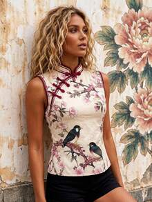 Women's Floral Bird Cheongsam Tops Mock Neck Sleeveless Elegant Chinester Style Tank Tops - Beis - Ver 2