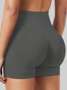 Pantalones cortos de yoga sin costuras de cintura alta para mujer - Levantamiento de glúteos elástico, adecuado para correr, fitness y actividades al aire libre| Apariencia de moda| Tela elástica de verano - Gris Oscuro - Ver 7