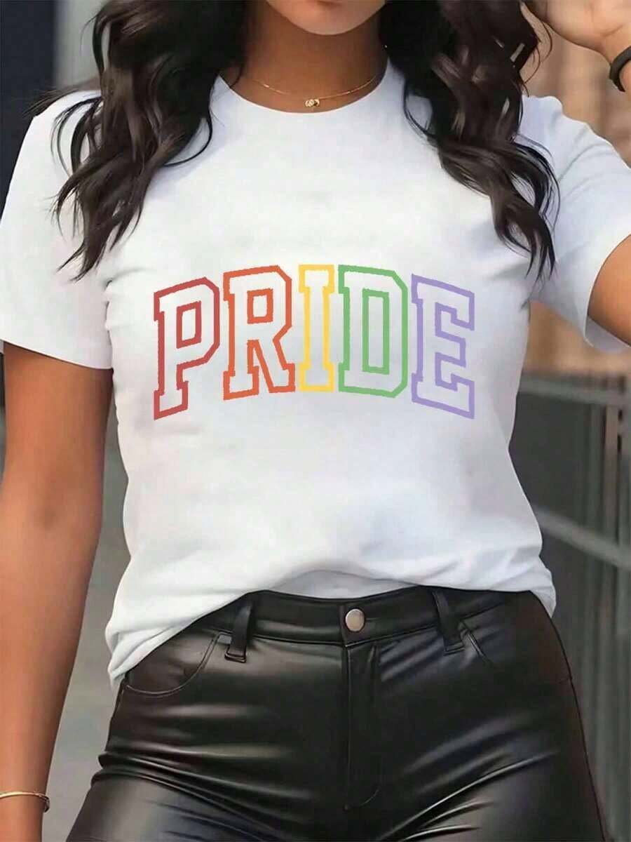 New arrivals for summer.Women T Shirt Pride Rainbow Letter Print Round Neck Casual Daily Wear Soft Comfortable FestivalBlouse,Shirt > Beautiful. - Blanco - Ver 1