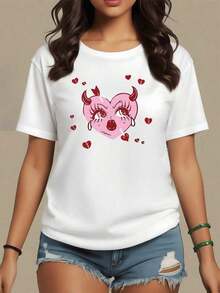 Pink Heart With Horns And Arrows Symbolizes The Strength Of Wounded Love Mixed With Passion And Courage, Showcasing Intense Emotions In Every Detail. Women's Casual Modern T-Shirt For Everyday Wear - Vintage Street Style Unisex Loose Cotton Short Sleeve Crew Neck Shirt - 白色 - 查看 1