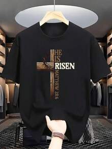 1 Neutral Christian Design T-Shirt - Cross And Crown Design With The Phrase "He Has Risen", With The Biblical Quote Matthew 28:6, Regular Fit, Round Neck, Adult Summer Casual Wear, Machine Washable, Comfortable For Daily Use, Opaque Material. - Black - View 1