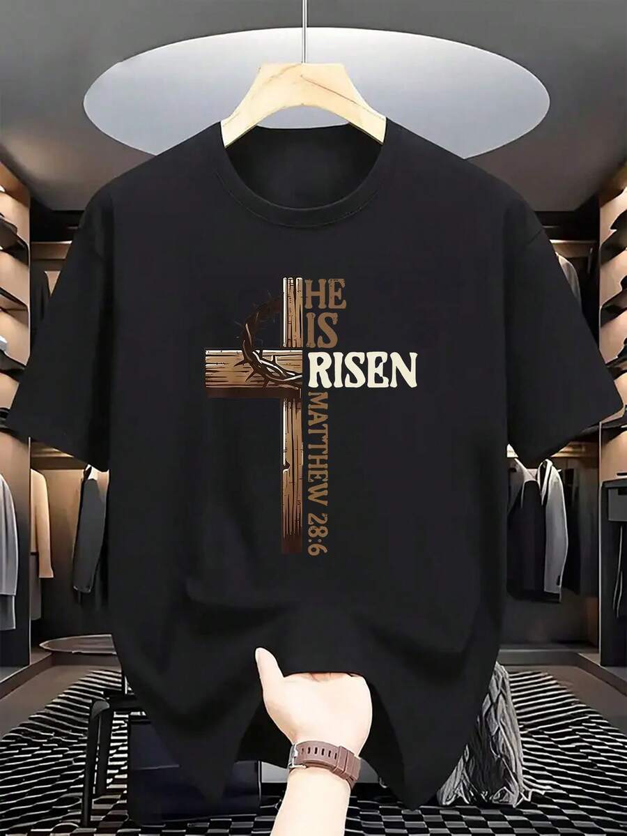 1 Neutral Christian Design T-Shirt - Cross And Crown Design With The Phrase "He Has Risen", With The Biblical Quote Matthew 28:6, Regular Fit, Round Neck, Adult Summer Casual Wear, Machine Washable, Comfortable For Daily Use, Opaque Material. - Black - View 1