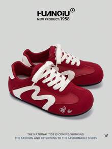 HUANQIU Giày nữ casual mới năm 2026, giày thể thao nữ, phối màu đỏ trắng, giày đi biển, giày thể thao thoải mái và thoáng khí, tăng chiều cao 3cm, đa năng, giày tập luyện kiểu Đức, nhẹ và thoải mái, buộc dây, đế mềm, giày dự tiệc, phù hợp với phụ nữ nhỏ nhắn, thời trang thể thao, kiểu dáng casual hình trái tim, phù hợp cho mọi mùa, giày chạy bộ. - Đỏ và trắng - Xem 4